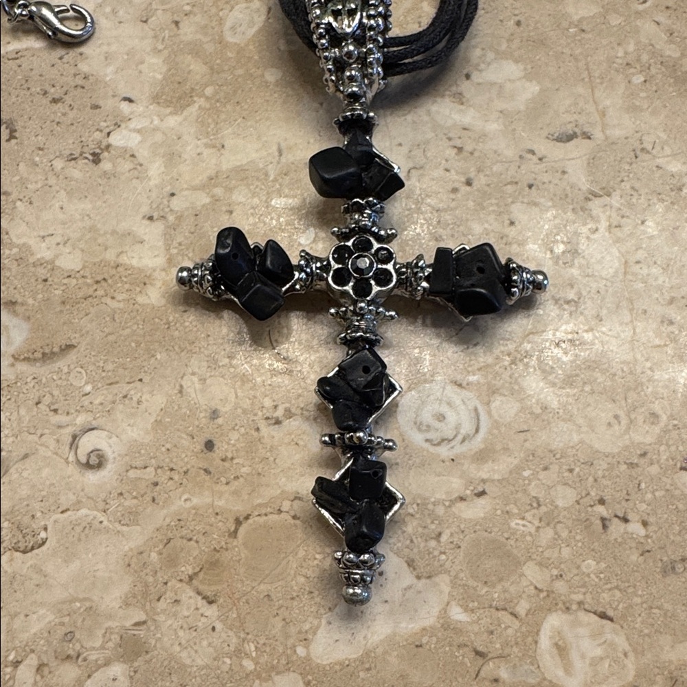 Black Cross Pendant Necklace with Silver Accents - Women's Jewelry